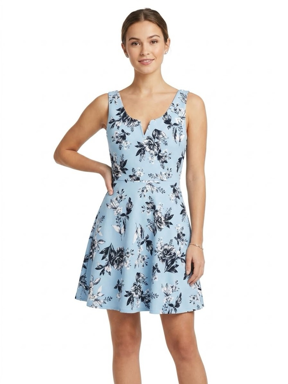 Trixxi Light Blue Floral V-Notch Fit & Flare Mini Dress Size S NWT - Picture 1 of 3